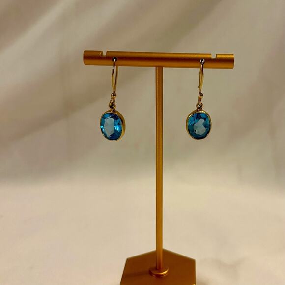 Elegant Blue Crystal Drop Earrings – Gold-Tone Bezel Setting – Dangle Hook Style - Picture 1 of 5